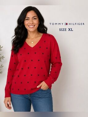 NWT Tommy Hilfiger XL Red Heart Print V-Neck Cotton Sweater  Lightweight